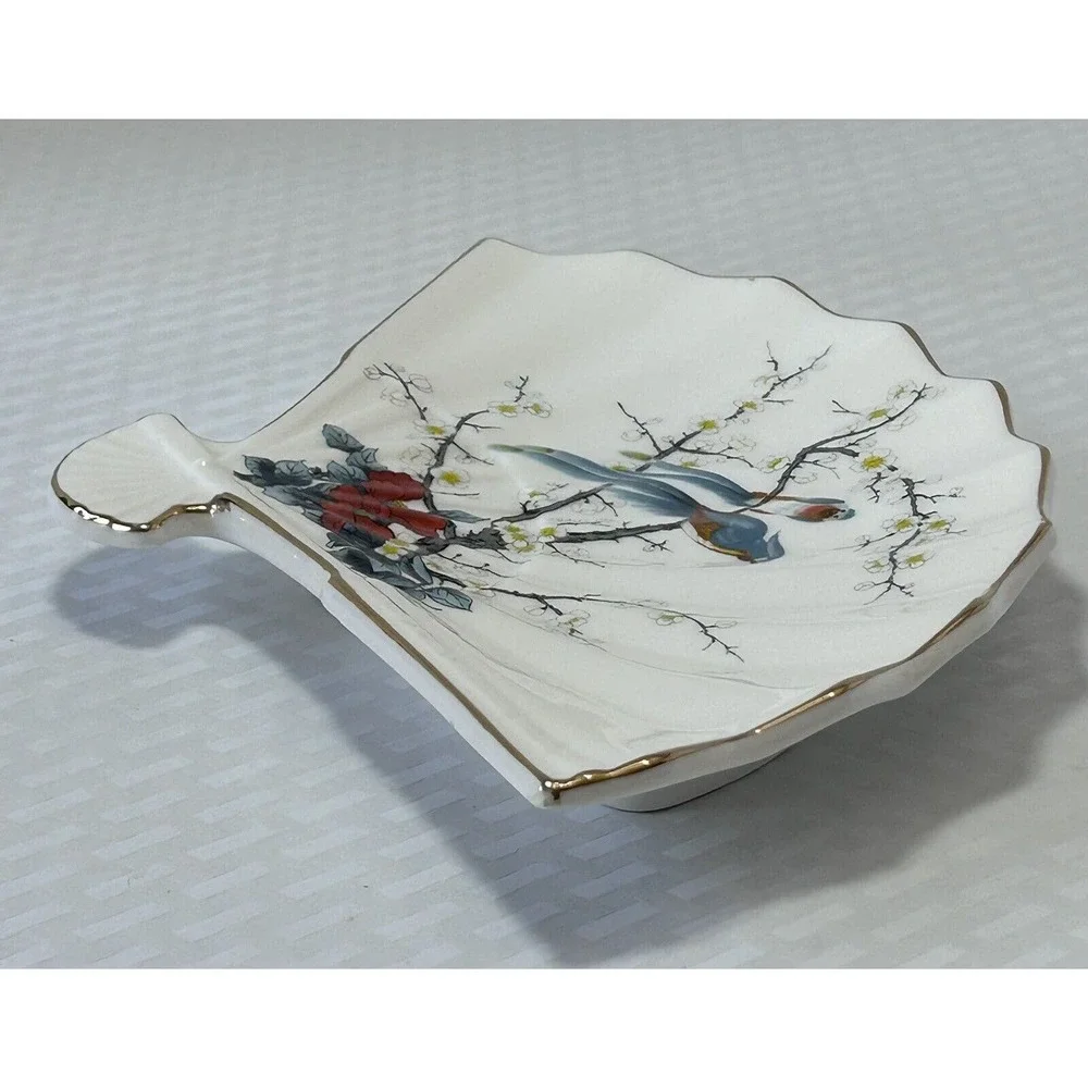Jay Japan Fine‎ China Fan Shaped Decorative Dish Birds Cherry Blossom Vintage